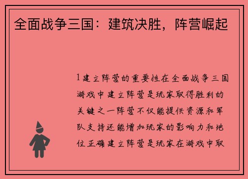 全面战争三国：建筑决胜，阵营崛起